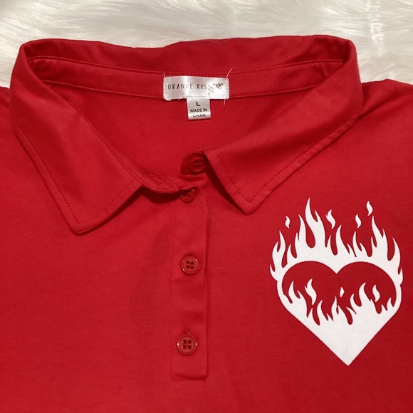 Orange Kiss Women’s Red Cropped Cotton Collared Polo White Flaming Heart - Picture 4 of 4
